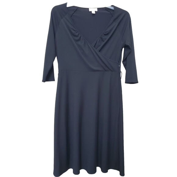 Ann Taylor Loft Petites Black Faux Wrap Side Zip Midi Dress Size 14P - Picture 1 of 7